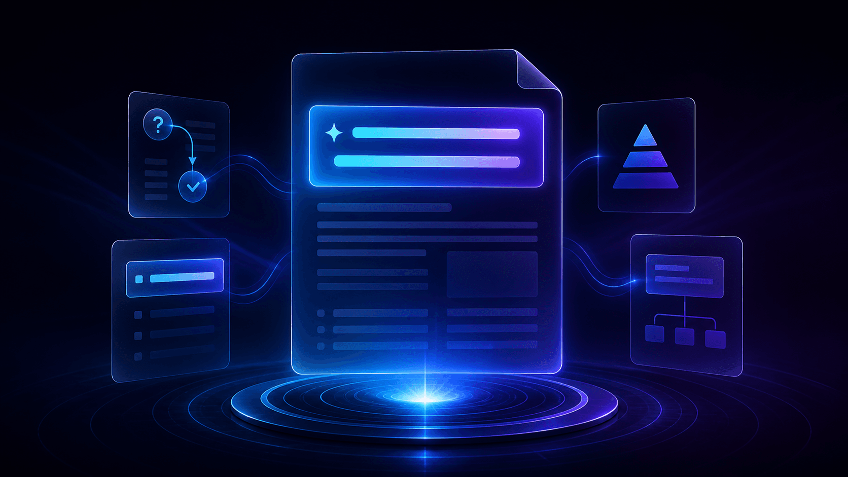 Futuristic dark-mode illustration of answer-first page design, showing a glowing structured document with a highlighted opening answer block, supported by icons for question flow, inverted pyramid hierarchy, and content structure in blue and purple neon tones.